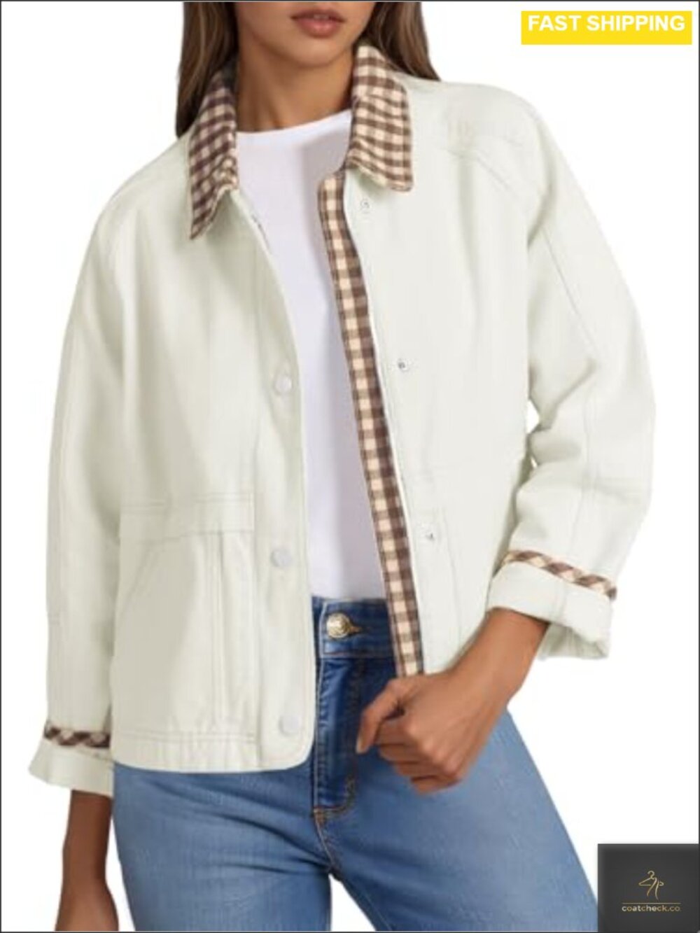 Cropped Barn Jacket Zip Up Lightweight 100% Cotton Plaid Trim Casual